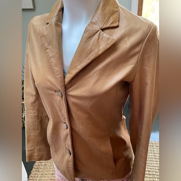 Vintage Soft Camel Tan Leather Collar Jacket size Small - Picture 5 of 11